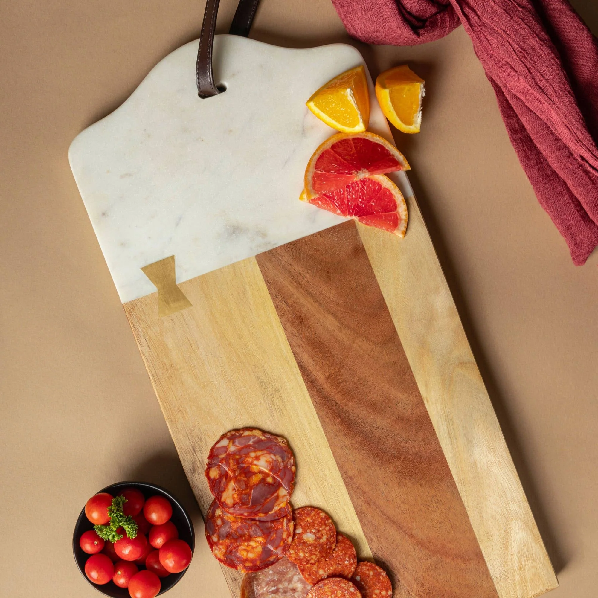 Gauri Kohli: Darvaza Marble & Wood Cutting Board - 18" L x 8.75" W