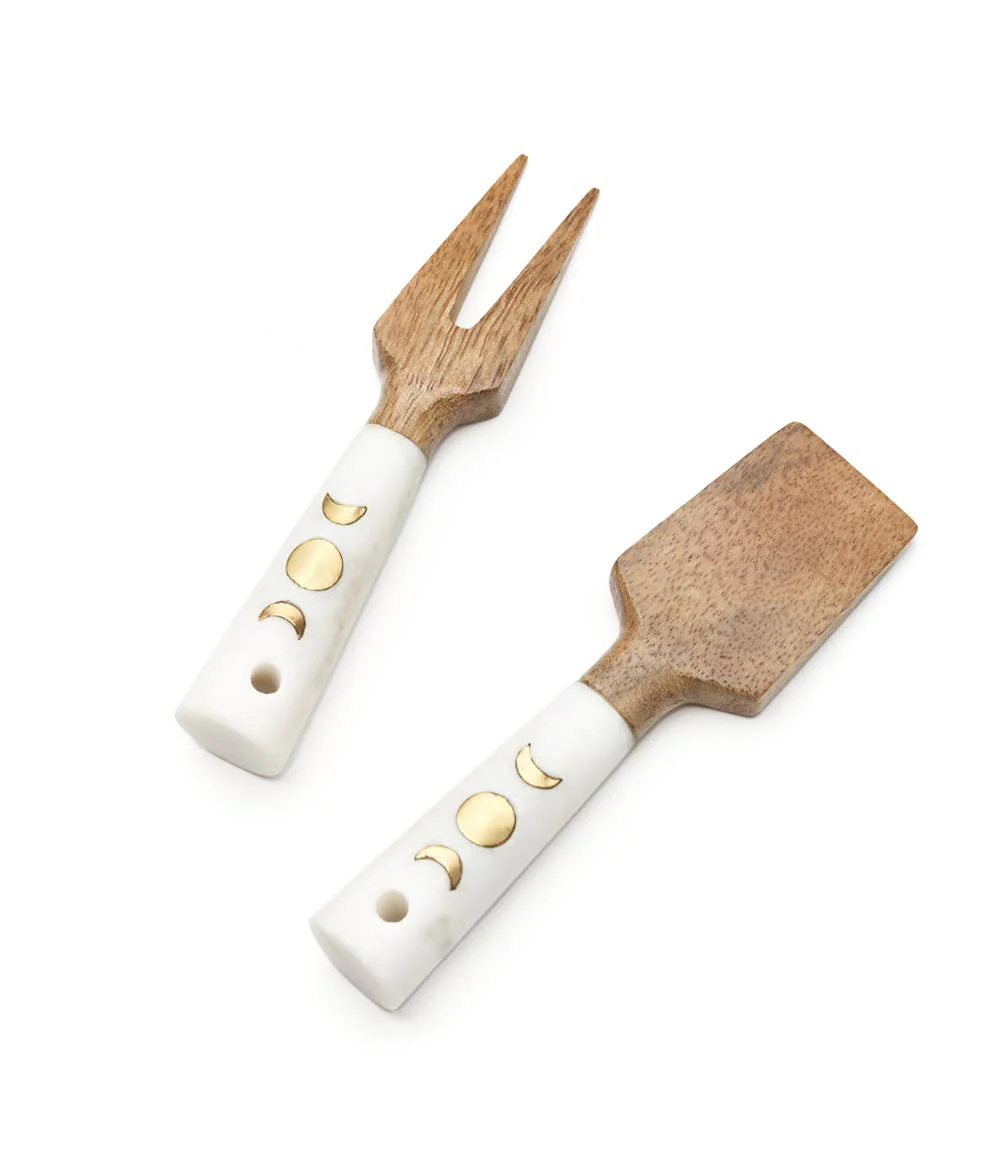 Matr Boomie Fair Trade: Indukala Moon Phase Cheese Knives Set of 2 (Wood, Marble)