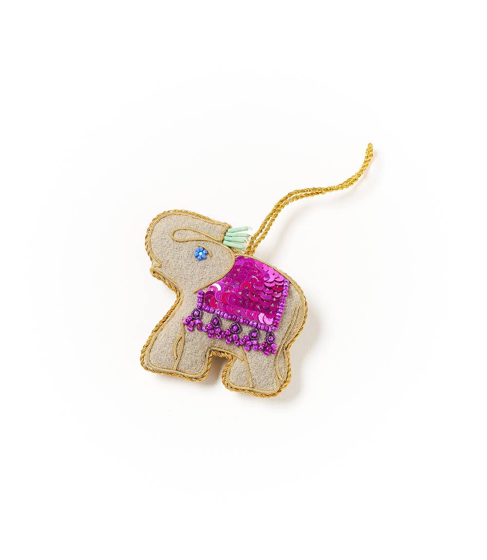 Matr Boomie Fair Trade: Larissa Plush Elephant Felt Ornament - Hand Embroidered